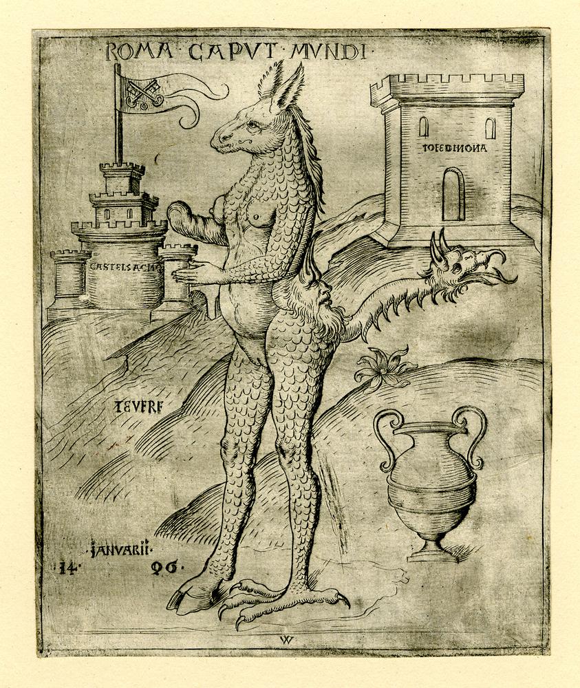 1496 ancient_art anthro asinus breasts castle cloven_hooves donkey equid equine female fingers flag genitals hooves hybrid latin_text mammal nipples nude pope-ass pussy scales solo standing text tiber_river traditional_media_(artwork) wenzel_von_olmutz