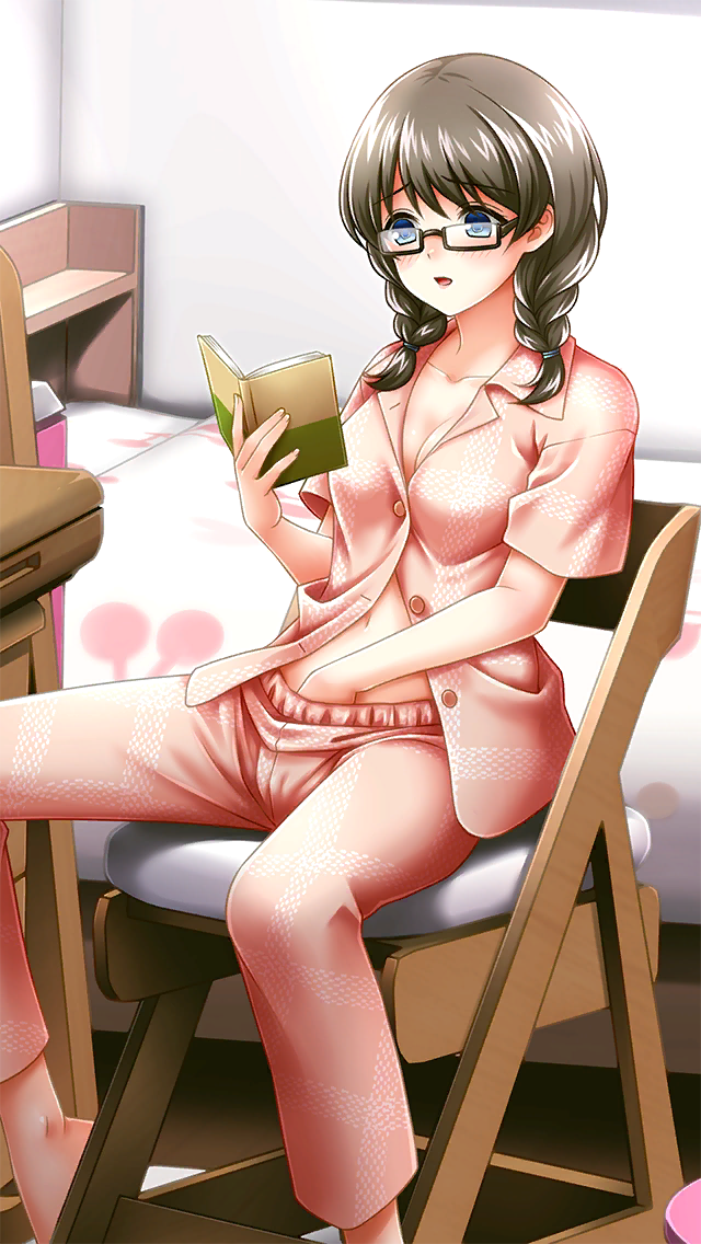 1girl bedroom black-framed_eyewear blue_eyes blush book braid breasts brown_hair cleavage collarbone doukyuusei_another_world dress_shirt female_masturbation game_cg hand_under_clothes holding holding_book indoors kakyuusei long_hair masturbation medium_breasts midriff navel official_art open_clothes open_mouth open_shirt pajamas pants pink_pants pink_shirt reading rectangular_eyewear semi-rimless_eyewear shirt sitting solo souma_ayumi spread_legs stomach twin_braids under-rim_eyewear