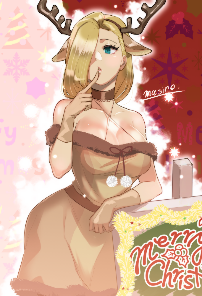 1girl animal_ear_hairband animal_ears antlers arm_rest aura bare_shoulders blonde_hair blue_eyes breasts brown_choker brown_dress brown_gloves choker christmas christmas_tree christmas_tree_print cleavage collarbone commentary_request criss-cross_halter deer_ears dress fake_animal_ears fake_antlers finger_to_mouth gloves hair_over_one_eye halterneck lips long_hair looking_to_the_side masiro merry_christmas mistletoe mistletoe_print overlord_(maruyama) pink_background pom_pom_(clothes) red_background reindeer_antlers signpost snowflake_print snowflakes solo solution_epsilon star_(symbol) star_print two-tone_background
