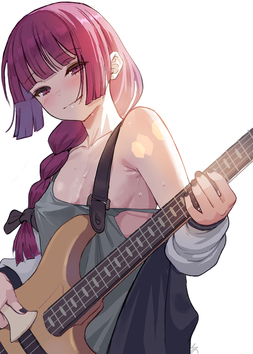 1girl armpit_crease bachi bass_guitar black_bow black_jacket black_nails blunt_bangs bocchi_the_rock! bow braid breasts closed_mouth clothes_down collarbone convenient_censoring covered_nipples dress english_commentary green_dress hair_bow hair_over_shoulder highres hiroi_kikuri holding holding_instrument instrument jacket long_hair long_sleeves looking_at_viewer multicolored_clothes multicolored_jacket music open_clothes open_jacket playing_instrument plectrum purple_eyes purple_hair ringed_eyes sidelighting single_braid sleeveless sleeveless_dress small_breasts smile solo strap_slip sweat two-tone_jacket white_background white_jacket zefrableu