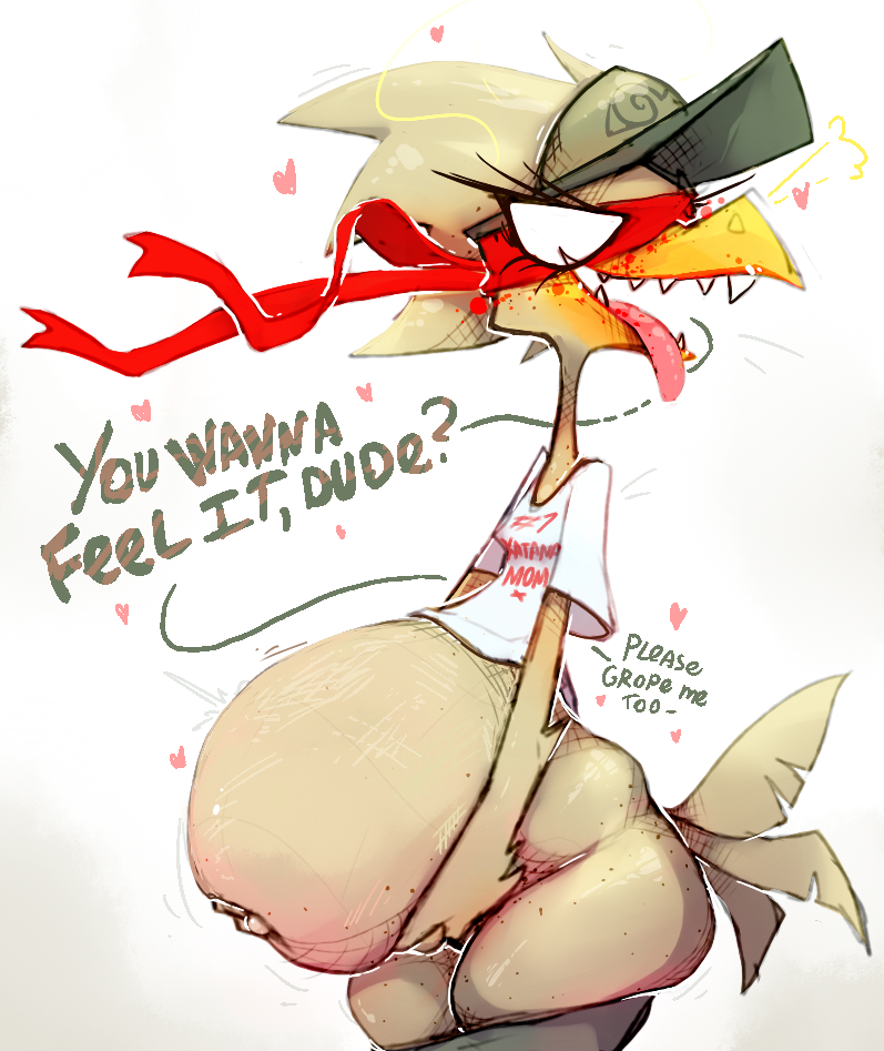 &lt;3 anthro avian bandanna beak belly big_belly bird blush chicken chicken_(nuclear_throne) clothing dialogue empty_eyes english_text feathers female galliform gallus_(genus) inviting kerchief nuclear_throne pear-shaped_figure phasianid pregnant pregnant_female roksim shirt simple_background solo standing t-shirt tail_feathers talking_to_viewer teeth text text_on_clothing text_on_topwear tongue tongue_out topwear white_background wide_hips
