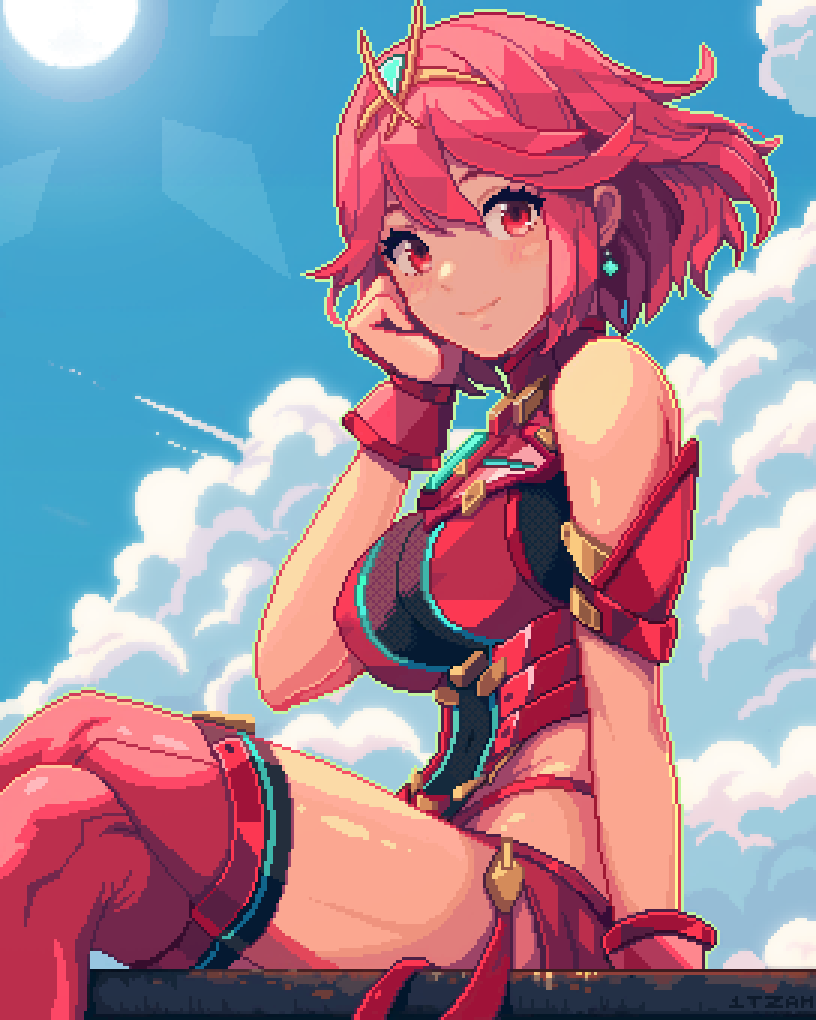 1girl armlet armor bare_shoulders blush breasts clothing_cutout cloud covered_nipples crossed_legs drop_earrings earrings headpiece hip_vent impossible_clothes impossible_leotard itzah jewelry large_breasts leotard looking_at_viewer pixel_art pyra_(xenoblade) red_eyes red_hair red_shorts revealing_clothes short_hair shorts sitting solo sun sunlight xenoblade_chronicles_(series) xenoblade_chronicles_2