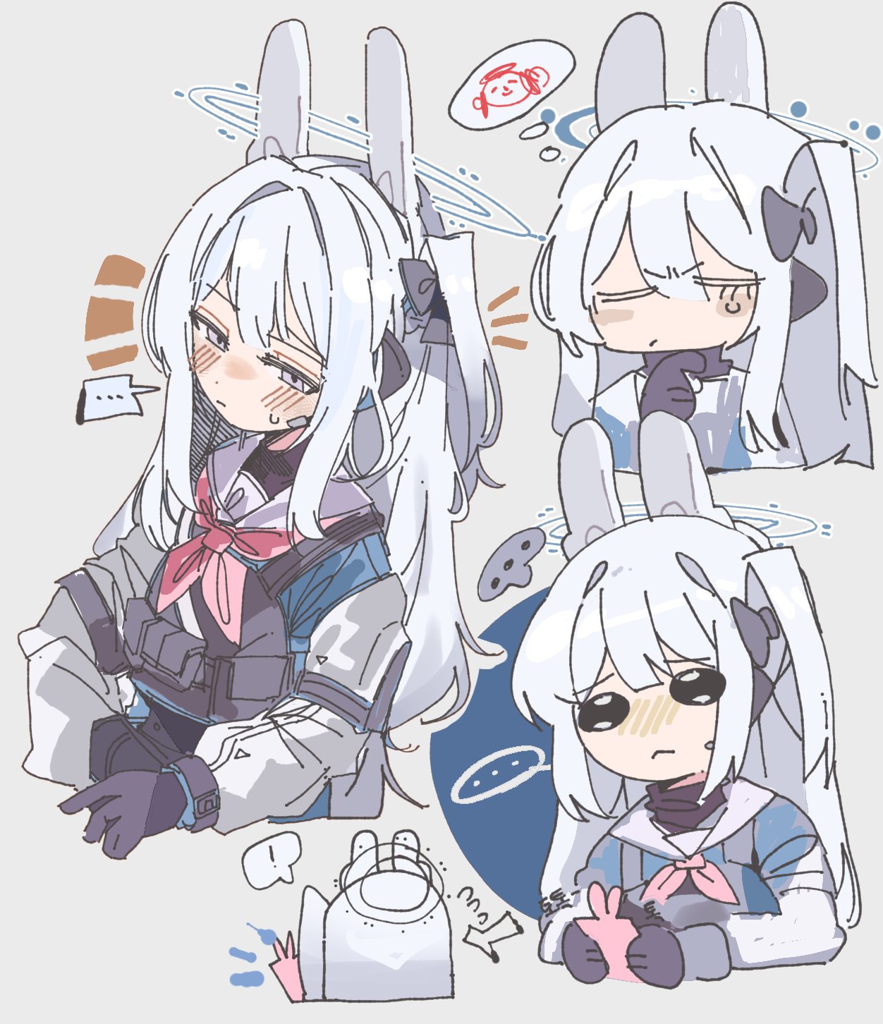 ... 1girl :&lt; animal_ears blue_archive blue_shirt blush bow closed_mouth doodle_sensei_(blue_archive) fake_animal_ears gloves grey_background grey_eyes grey_gloves grey_hair hair_bow halo highres long_sleeves looking_at_viewer miyako_(blue_archive) multiple_views neckerchief odmised one_side_up pink_neckerchief plate_carrier pouch rabbit_ears sailor_collar sensei_(blue_archive) shirt simple_background sweat thought_bubble white_hair white_sailor_collar