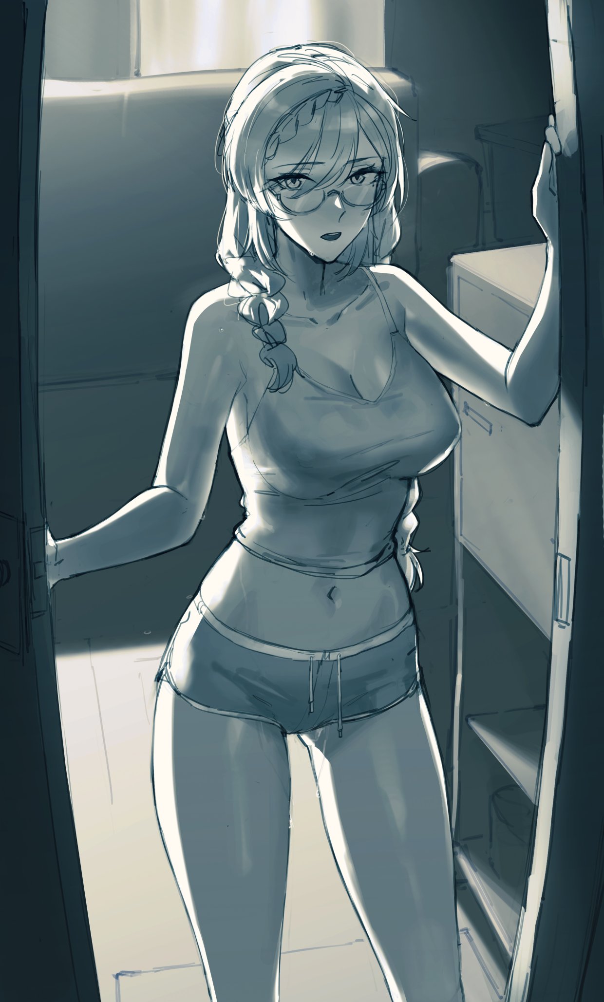 1girl braid braided_bangs breasts cleavage contrapposto dangodes dolphin_shorts doorway drawstring english_commentary glasses greyscale hair_between_eyes highres large_breasts looking_at_viewer midriff monochrome navel original parted_lips pov_doorway semi-rimless_eyewear short_shorts shorts solo swept_bangs
