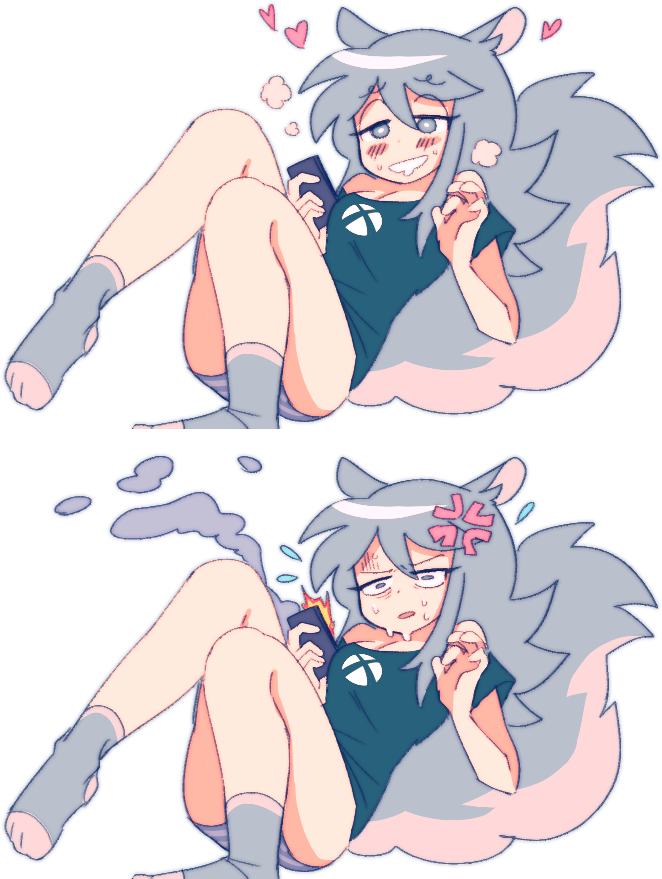 1girl anger_vein animal_ears black_shirt blush breasts bright_pupils fire flying_sweatdrops grey_eyes grey_hair grey_panties grey_socks heart long_hair lyn_mametchi multiple_views nutalie_(lyn_mametchi) original panties shirt short_sleeves small_breasts socks solo squirrel_ears squirrel_girl squirrel_tail striped striped_panties t-shirt tail underwear white_pupils xbox_logo