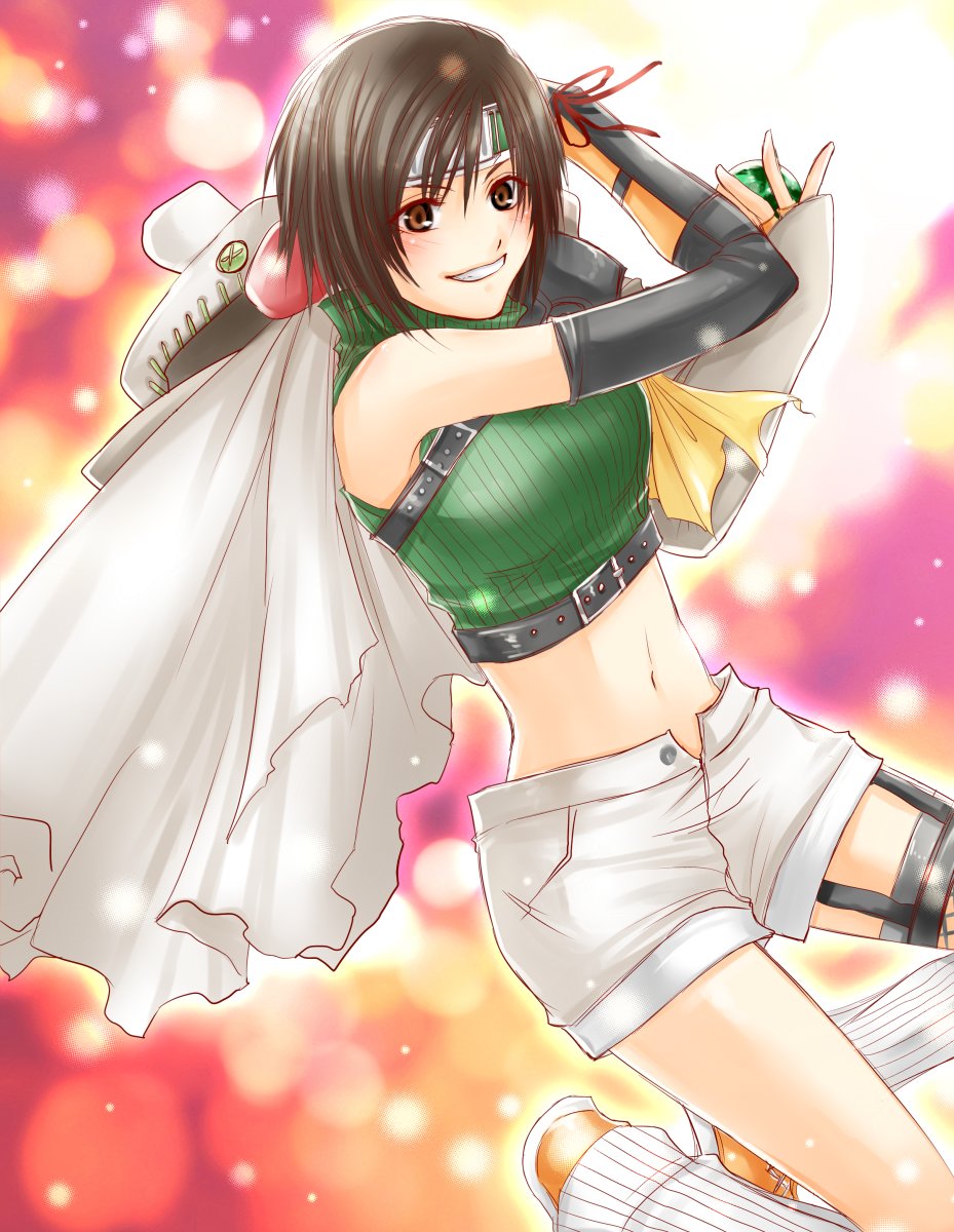 1girl arm_armor arm_up armor asymmetrical_armor asymmetrical_arms bandana brown_eyes brown_hair chest_strap commentary_request cosplay crop_top feet_up final_fantasy final_fantasy_vii final_fantasy_vii_remake green_headband grin hands_up headband highres holding holding_weapon jewelry leg_warmers legwear_garter light_particles looking_at_viewer materia midriff moogle moogle_(cosplay) multicolored_background navel orange_footwear pauldrons poncho ream_(arua) red_ribbon ribbon ring shoes short_hair shorts shoulder_armor shoulder_strap single_pauldron sleeveless sleeveless_turtleneck smile solo turtleneck weapon white_shorts yellow_bandana yuffie_kisaragi