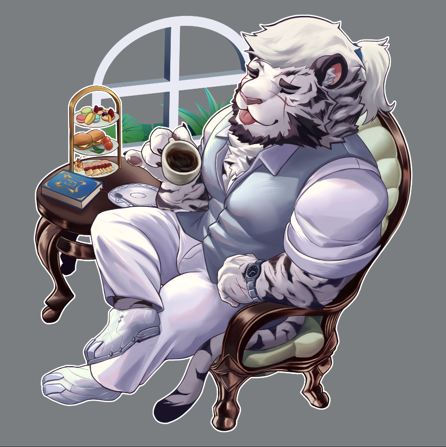 1boy animal_ears arknights book cancerdoge chair chibi closed_eyes cup drink english_commentary food furry furry_male grey_vest holding holding_cup holding_drink male_focus mountain_(arknights) mountain_(book_reader)_(arknights) multiple_scars pants pastry pinky_out ponytail scar scar_across_eye scar_on_face scar_on_hand shirt sitting table tail tiered_tray tiger_boy tiger_ears tiger_stripes tiger_tail tongue tongue_out vest watch white_footwear white_pants white_shirt window wristwatch