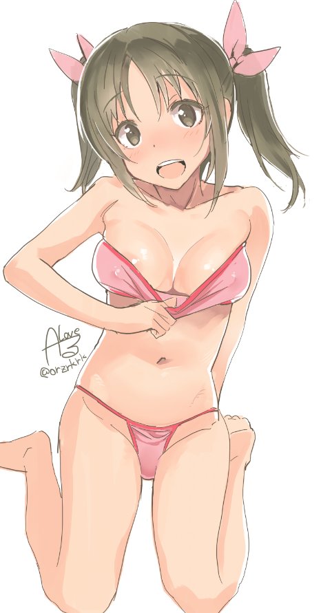 1girl areola_slip bare_shoulders barefoot blush bow bra bra_pull breasts brown_eyes brown_hair cleavage clothes_pull collarbone covered_nipples dot_nose hair_bow hair_ribbon hand_up idolmaster idolmaster_cinderella_girls idolmaster_cinderella_girls_starlight_stage imai_kana looking_at_viewer medium_breasts midriff navel open_mouth panties pink_bra pink_panties pink_ribbon ribbon rkrk short_hair signature simple_background sitting smile solo teeth twintails twitter_username underwear underwear_only upper_teeth_only wariza white_background