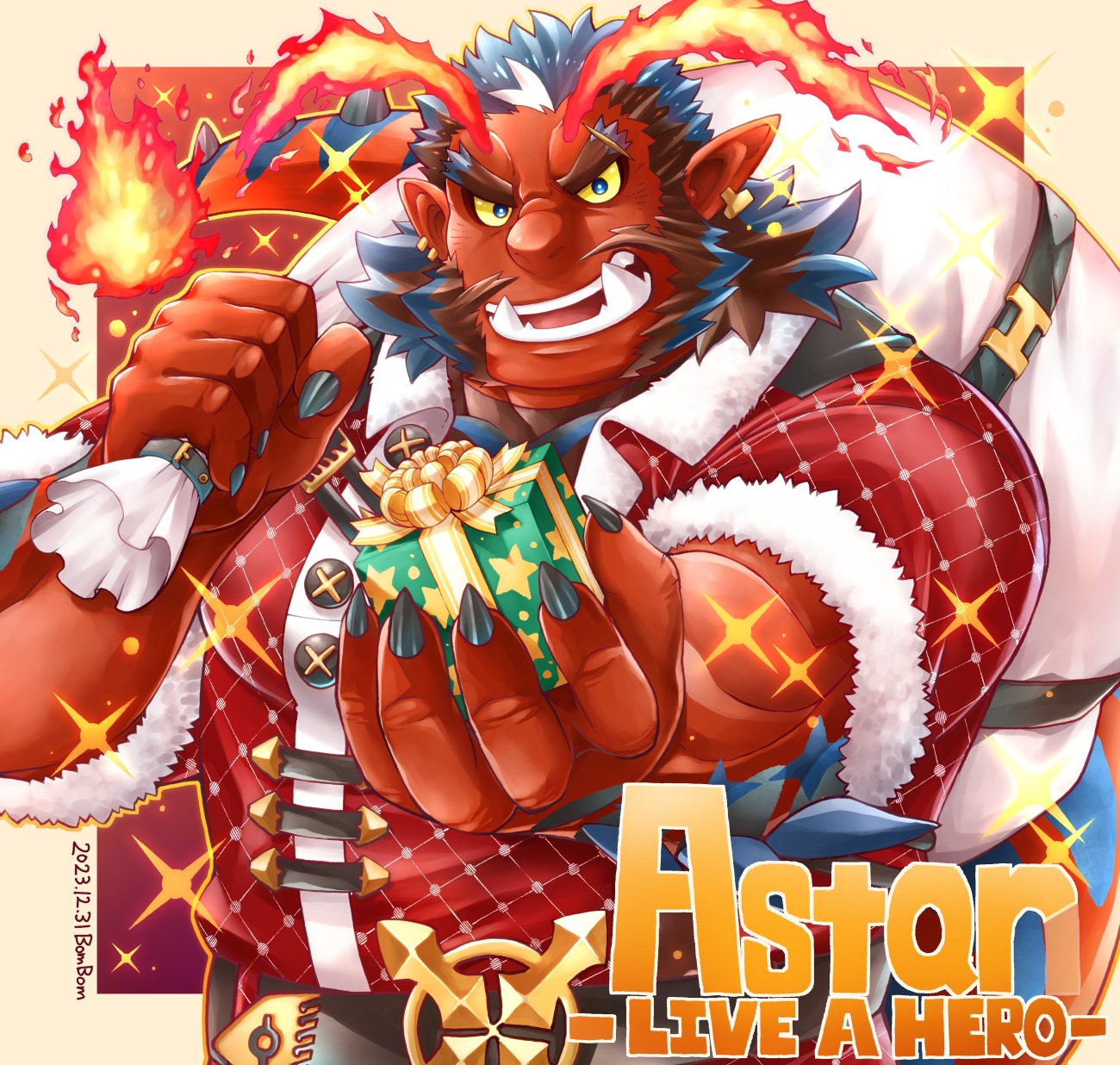 1boy astar_(live_a_hero) bara bombom box colored_skin colored_tips copyright_name demon_boy fiery_horns fingernails forked_eyebrows gift gift_box highres holding holding_sack horns huge_eyebrows incoming_gift large_pectorals live_a_hero looking_at_viewer male_focus mature_male multicolored_hair muscular muscular_male mutton_chops ogre pectorals pointy_ears red_skin sack santa_costume sharp_fingernails smile solo sparkling_aura square_head streaked_beard streaked_eyebrows tusks upper_body