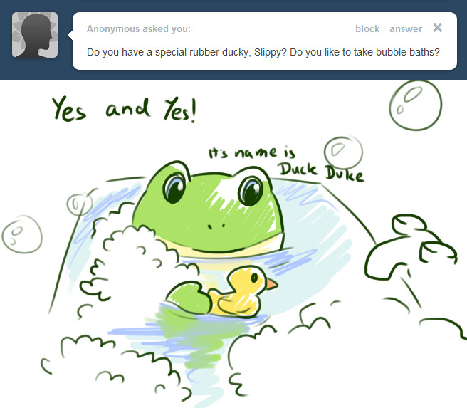 amphibian anthro ask_blog bath blue_eyes bubble english_text faucet frog green_body green_skin holding_object male nintendo reflection rubber_duck slippy_o'donnell slippy_toad smile solo star_fox text tumblr