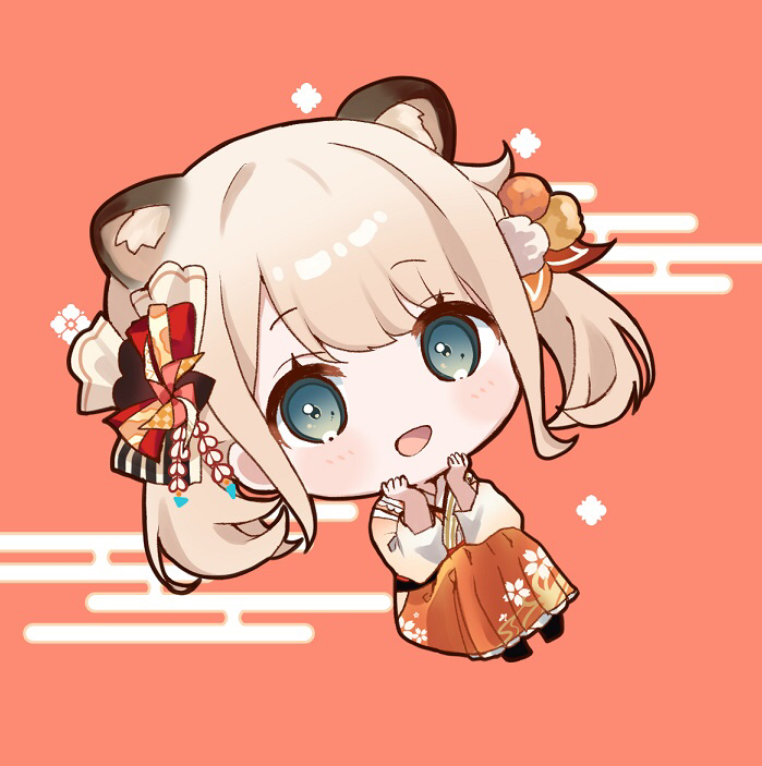 1girl animal_ears black_footwear blonde_hair blush bow chibi commentary egasumi extra_ears full_body green_eyes hair_bow hair_ornament hakama hakama_skirt hands_on_own_cheeks hands_on_own_face hololive japanese_clothes kanzashi kazama_iroha kazama_iroha_(new_year) kimono looking_at_viewer medium_hair nanaka_nagomi official_alternate_costume official_alternate_hairstyle open_mouth orange_background orange_hakama orange_kimono orange_skirt pinwheel_hair_ornament pom_pom_(clothes) pom_pom_hair_ornament print_kimono raccoon_ears skirt smile solo tsumami_kanzashi twintails virtual_youtuber