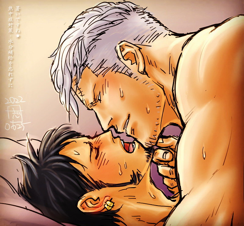2boys bara blush couple face-to-face facial_hair goatee hand_on_another's_chin happy implied_sex kokorozashi large_pectorals male_focus mature_male medium_sideburns multiple_boys muscular muscular_male nude one_piece pectorals profile scar scar_on_face scar_on_forehead short_hair sideburns_stubble smile smirk smoker_(one_piece) sparse_stubble stitches stubble sweat torogao trafalgar_law translation_request tsurime upper_body white_hair yaoi