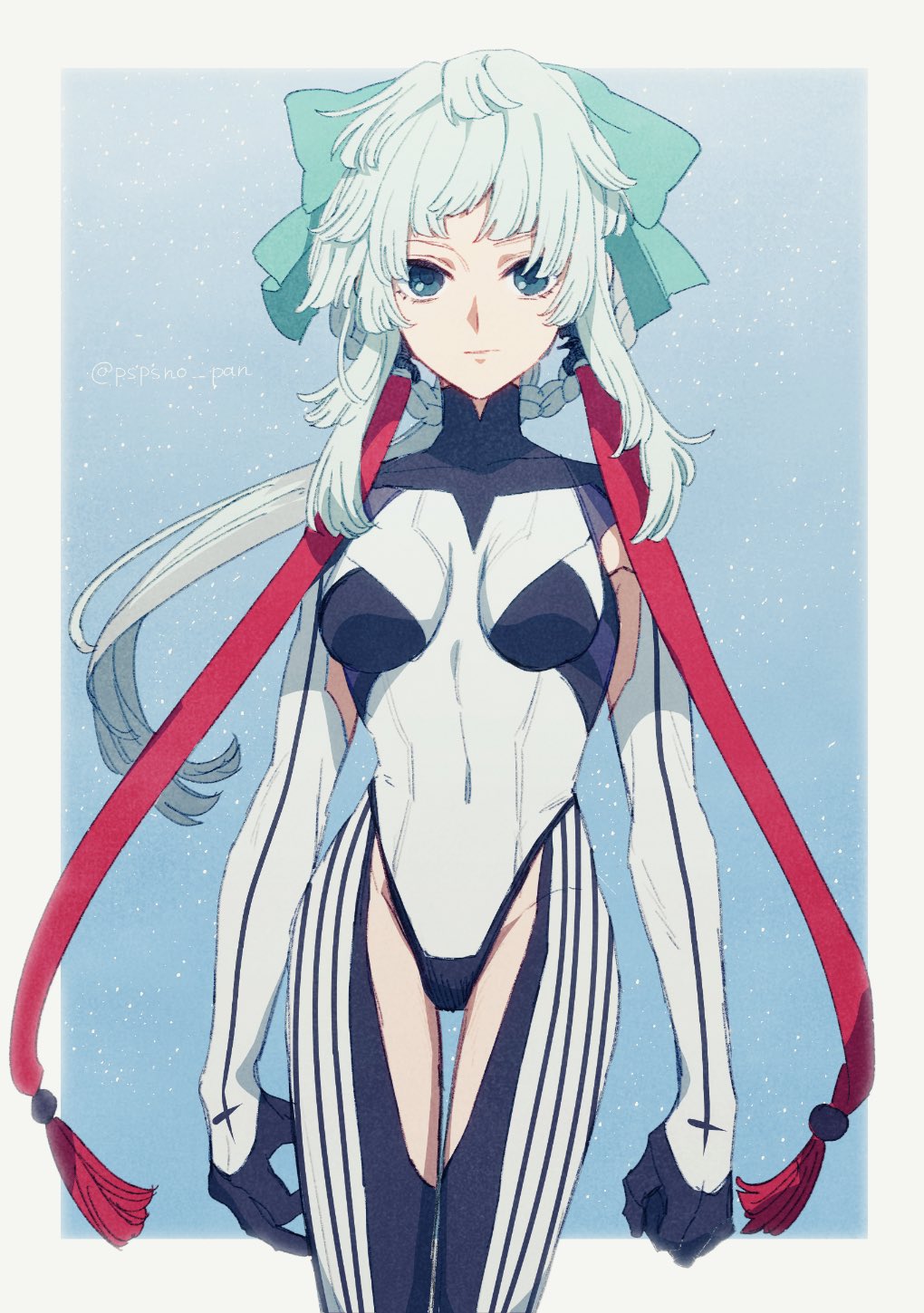 1girl black_bodysuit blue_eyes bodysuit border breasts closed_mouth clothing_cutout covered_navel fate/grand_order fate_(series) green_ribbon grey_hair groin hair_ribbon highres long_hair looking_at_viewer medium_breasts multicolored_bodysuit multicolored_clothes ponytail ribbon sashikomi sidelocks solo standing twitter_username upper_body white_bodysuit white_border yui_shousetsu_(fate) yui_shousetsu_(first_ascension)_(fate)