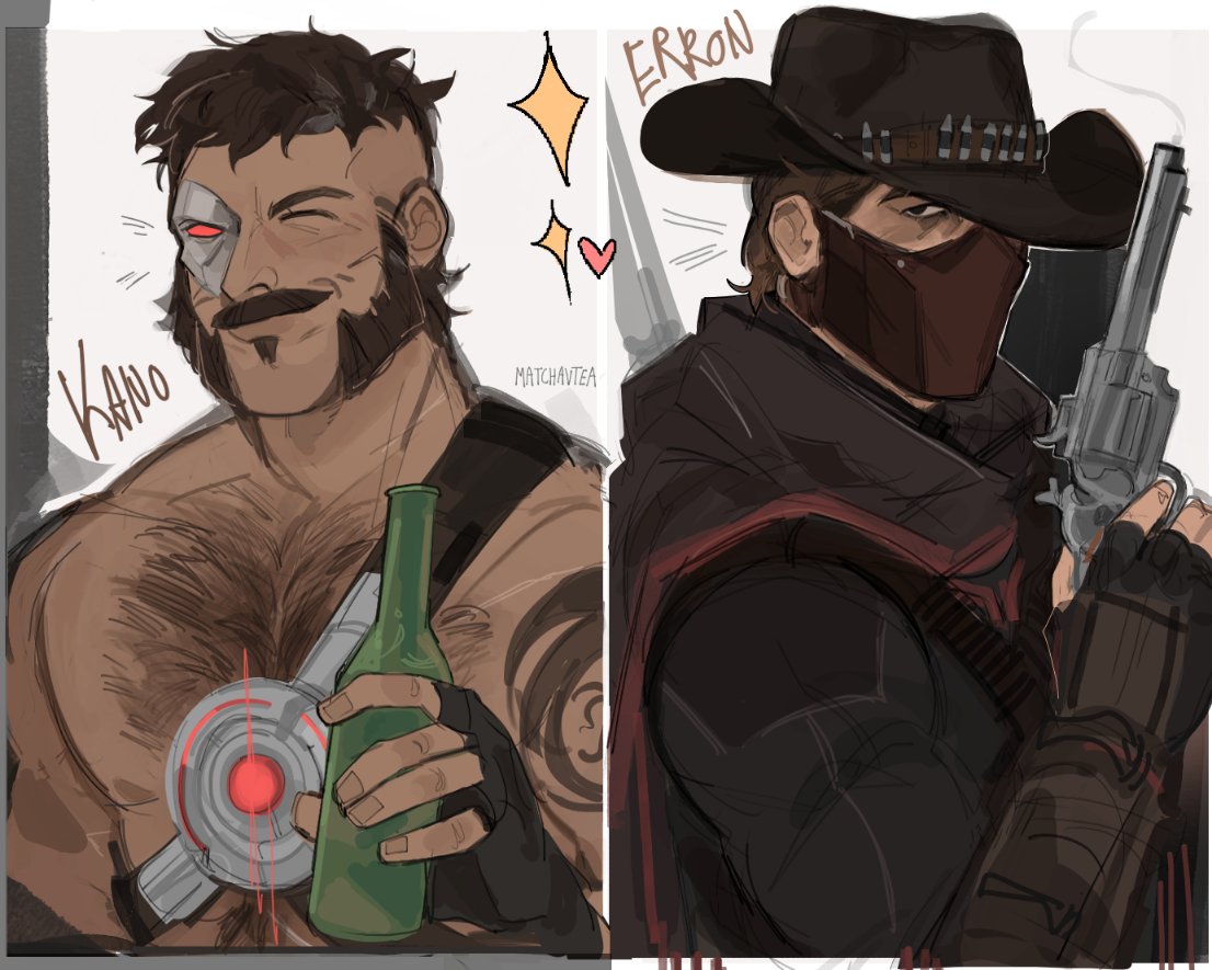 2boys ^_^ bara bottle closed_eyes cowboy_hat cowboy_western dark-skinned_male dark_skin erron_black eye_mask gun half_mask happy hat holding holding_bottle holding_gun holding_weapon kano_(mortal_kombat) male_focus mask mature_male mortal_kombat_(series) mortal_kombat_x multiple_boys muscular muscular_male mutton_chops pectorals split_screen thick_chest_hair thick_eyebrows thick_mustache upper_body ven_(matchavtea) weapon