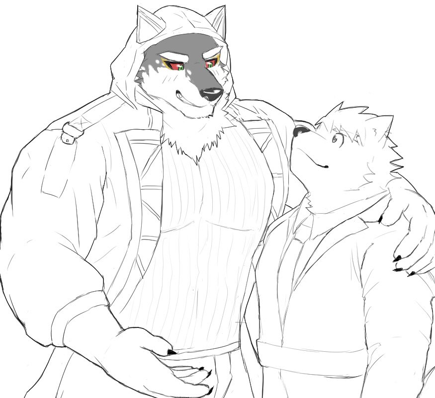 anthro blush canid canine canis clothing dog_operator domestic_dog duo embrace green_eyes hood hug lifewonders live_a_hero long_coat male male/male mammal monomasa muscular muscular_anthro muscular_male necktie nikukyu protagonist_(live_a_hero) red_sclera suit