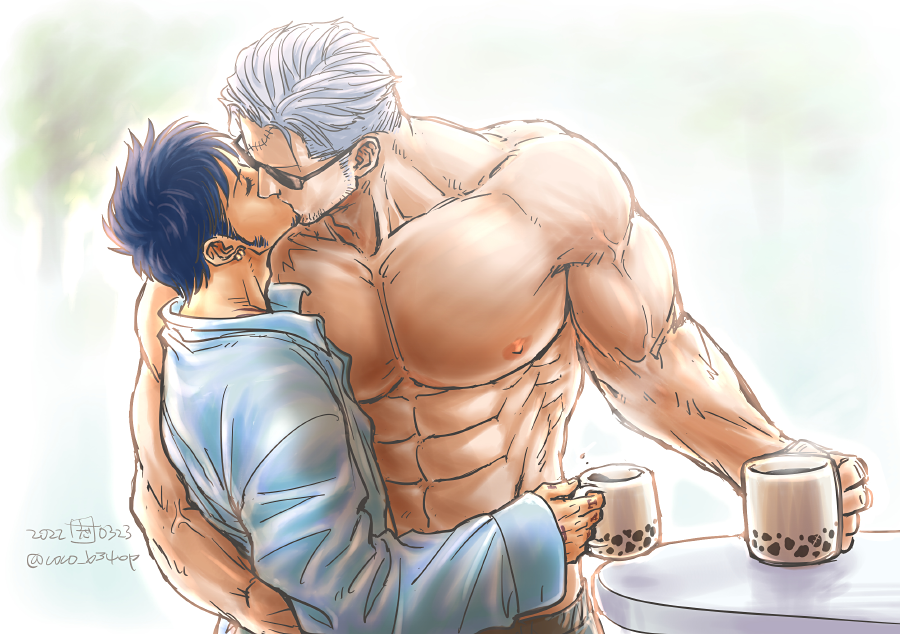 2boys abs bara coffee_mug couple cup facial_hair goatee goatee_stubble jaguar_print kiss kokorozashi large_pectorals male_focus mature_male medium_sideburns mug multiple_boys muscular muscular_male nipples one_piece open_clothes open_shirt pectorals print_mug scar scar_on_face scar_on_forehead short_hair sideburns_stubble size_difference smoker_(one_piece) sparse_stubble stitches stubble sunglasses sunlight topless_male trafalgar_law tsurime veins veiny_arms white_hair yaoi