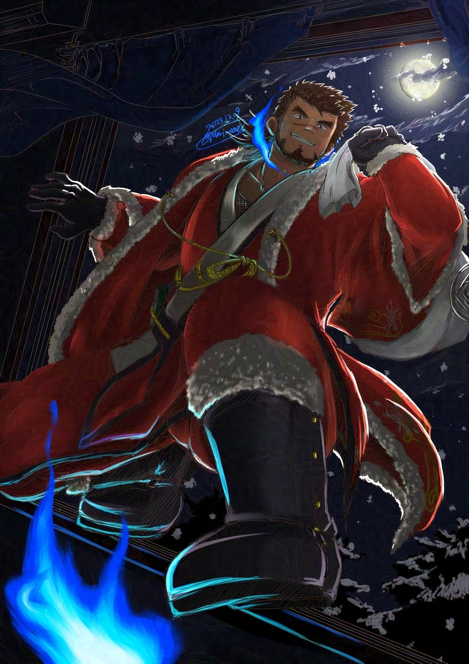 1boy abs bara beard black_hair blue_fire breaking_through_window christmas dark-skinned_male dark_skin facial_hair fire forked_eyebrows from_below full_beard full_body full_moon grin highres hitodama looking_at_viewer male_focus mario_(mariwoaa) mature_male moon sack sandayu_(housamo) santa_costume scar scar_on_cheek scar_on_face short_hair smile snowing thick_beard tokyo_afterschool_summoners