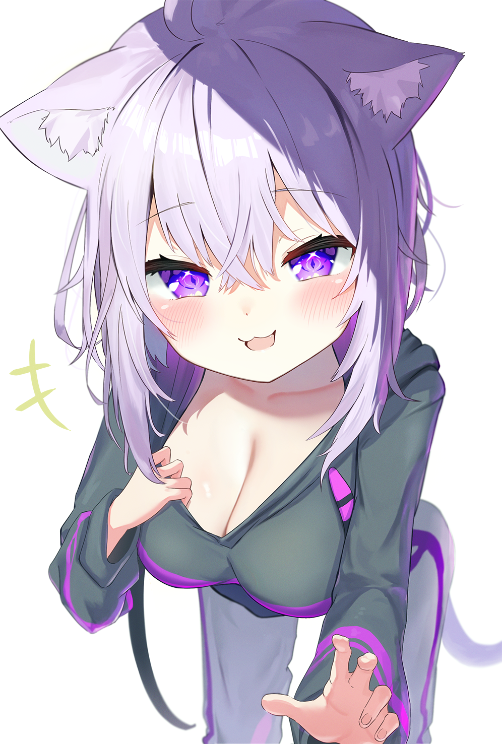 +++ 1girl :3 animal_ear_fluff animal_ears black_hoodie breasts cat_ears cat_girl cat_tail cleavage commentary_request feet_out_of_frame hair_between_eyes hand_up highres hololive hood hoodie large_breasts leaning_forward long_sleeves looking_at_viewer medium_hair nekomata_okayu nekomata_okayu_(1st_costume) nokisaki_nibosi open_mouth outstretched_arm pants purple_eyes purple_hair reaching reaching_towards_viewer sidelocks simple_background smile solo standing sweatpants tail virtual_youtuber white_background white_pants