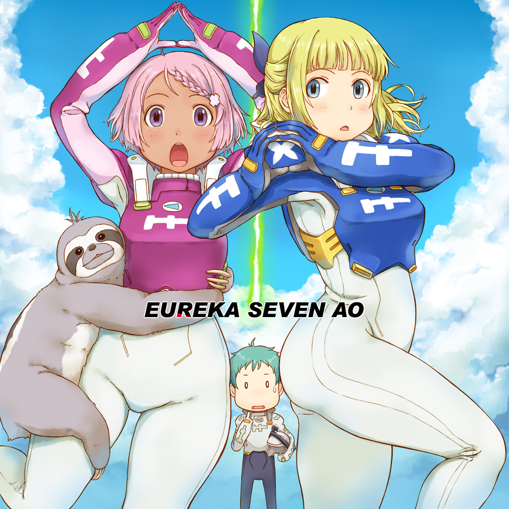 2girls :o ahoge aqua_hair armor armpits arms_up ass bangs blonde_hair blue_eyes blunt_bangs blush bodysuit braid brand breastplate breasts butterfly_hair_ornament chibi claws cloud copyright_name dark_skin day elena_peoples eureka_seven_(series) eureka_seven_ao fleur_blanc french_braid from_side fukai_ao gloves glowing hair_ornament half_updo headwear_removed helmet helmet_removed hips holding holding_helmet hug leg_up light_trail looking_at_viewer multiple_girls noah_(eureka_seven_ao) o_o open_mouth outdoors pilot_suit pointing pointing_at_self pose purple_eyes short_hair sky sloth_(animal) small_breasts steepled_fingers sweatdrop swept_bangs takagi_hideaki thick_thighs thighs turtleneck