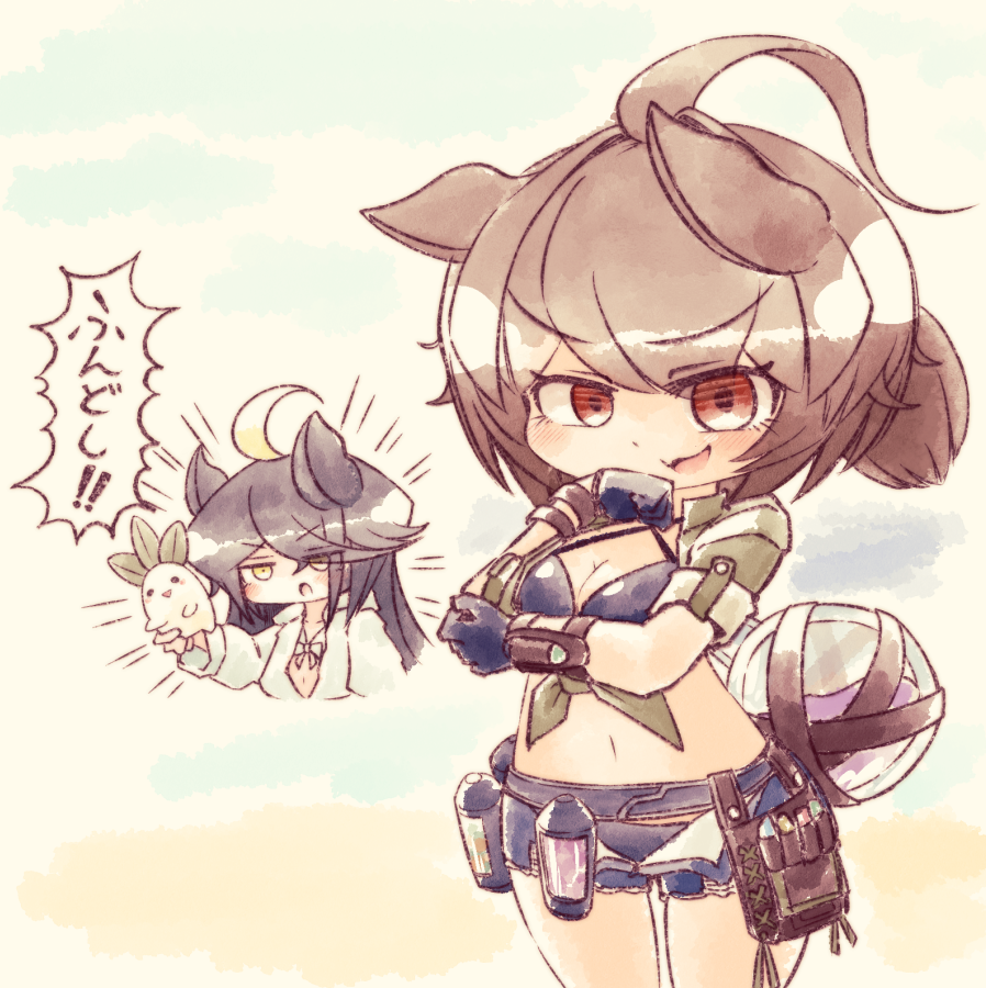 2girls agnes_tachyon_(lunatic_lab)_(umamusume) agnes_tachyon_(umamusume) ahoge animal_ears belt_pouch bikini black_bikini black_gloves black_hair blue_shorts breasts brown_eyes brown_hair canister cleavage commentary_request creature deformed esukevi eyes_visible_through_hair fang flask gloves green_jacket hair_over_one_eye holding holding_creature horse_ears horse_girl huge_ahoge jacket kii-kun_(agnes_tachyon)_(umamusume) long_hair mandrake manhattan_cafe_(tobasuze_hot_summer!)_(umamusume) manhattan_cafe_(umamusume) micro_shorts midriff multiple_girls navel official_alternate_costume official_alternate_hairstyle open_clothes open_shorts pouch round-bottom_flask short_ponytail shorts skin_fang speech_bubble swimsuit tied_jacket translated triangle_mouth umamusume v-shaped_eyebrows yellow_eyes