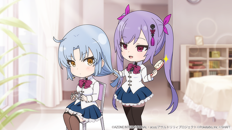 2girls ahoge assault_lily bed black_thighhighs blue_hair blue_skirt blurry blurry_background blush bow bowtie brown_pantyhose brown_thighhighs brushing_another's_hair brushing_hair chair chibi closed_mouth day feet_out_of_frame frilled_skirt frills garter_straps hair_brush hair_down hair_ornament hair_ribbon hands_up herensuge_girls_academy_school_uniform holding holding_another's_hair holding_hair_brush holding_hair_ornament indoors jacket long_hair long_sleeves looking_at_another makino_mitake matsumura_fuuka miniskirt multiple_girls official_art on_chair pantyhose parted_bangs parted_lips pink_eyes pink_ribbon plant pleated_skirt purple_hair red_bow red_bowtie ribbon school_uniform shelf sitting skirt smile sparkle standing sunlight tassel tassel_hair_ornament thighhighs thighhighs_over_pantyhose twintails unworn_hair_ornament watermark white_jacket yellow_eyes