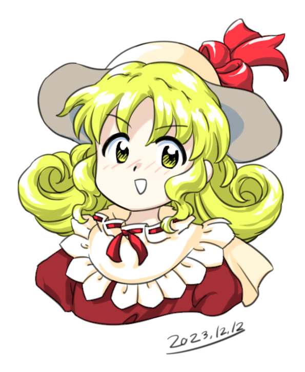 1girl 2023 :d blonde_hair bow curly_hair dated elly_(touhou) hat hat_bow looking_at_viewer medium_hair nonamejd official_style red_bow red_ribbon ribbon simple_background smile solo touhou touhou_(pc-98) upper_body white_background yellow_eyes zun_(style)