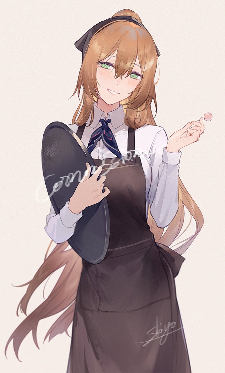 1girl apron artist_name blush brown_apron brown_hair candy collared_shirt commission cowboy_shot food girls'_frontline green_eyes hair_between_eyes highres holding holding_candy holding_food holding_lollipop holding_tray kistina light_brown_background lollipop long_hair looking_at_viewer neckerchief parted_lips shirt smile solo springfield_(girls'_frontline) tray white_shirt