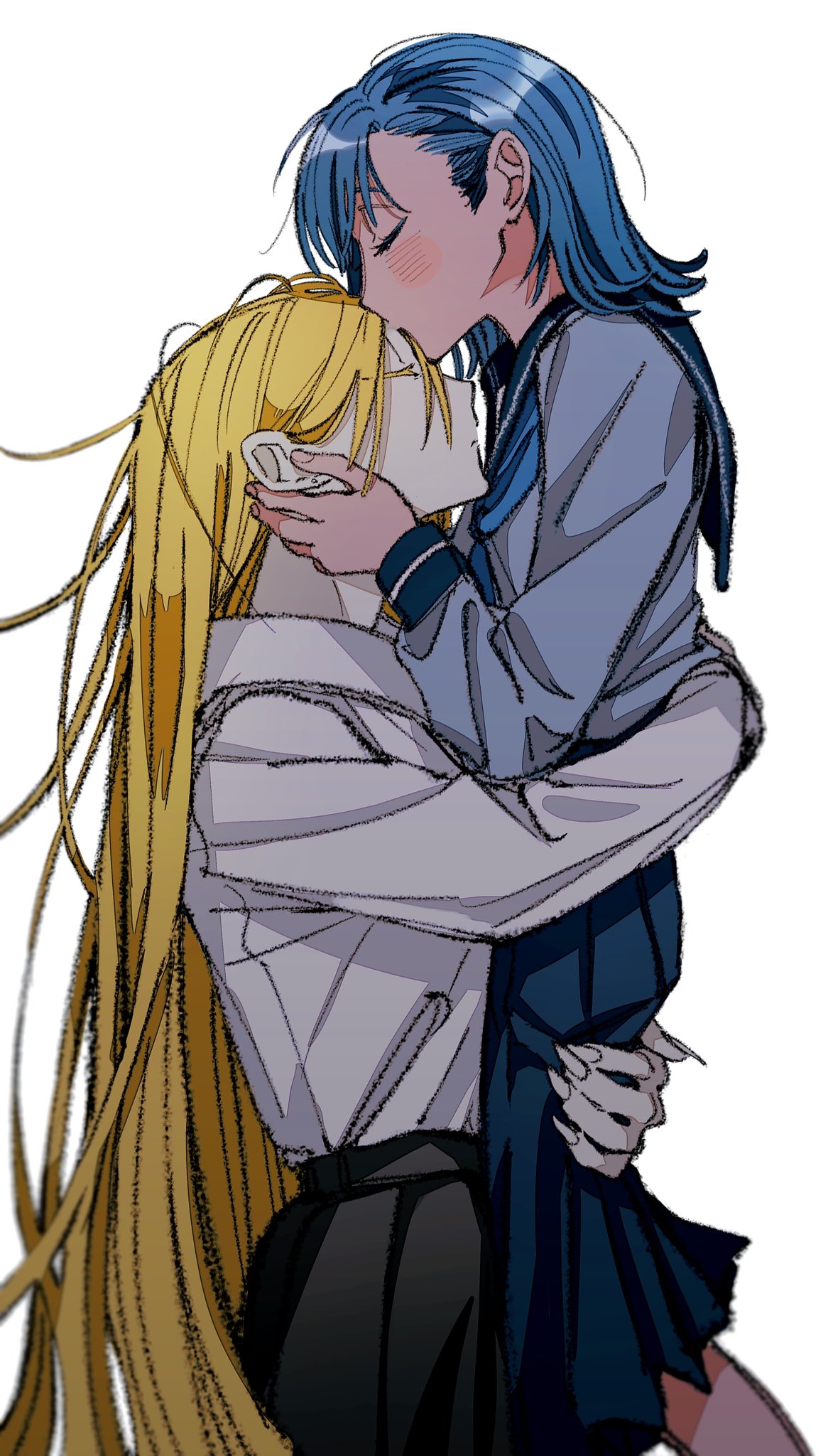 2girls black_skirt blonde_hair blue_hair blue_sailor_collar blue_skirt blush_stickers carrying carrying_person closed_eyes collared_shirt face-to-face fingernails from_side grey_shirt hand_on_another's_face hand_on_another's_head hand_on_another's_neck highres holding_another's_head hug kiss kissing_forehead long_fingernails long_hair long_sleeves medium_hair messy_hair multiple_girls naotin3333 original pleated_skirt profile sailor_collar sharp_fingernails shirt simple_background skirt very_long_hair white_background white_shirt yuri