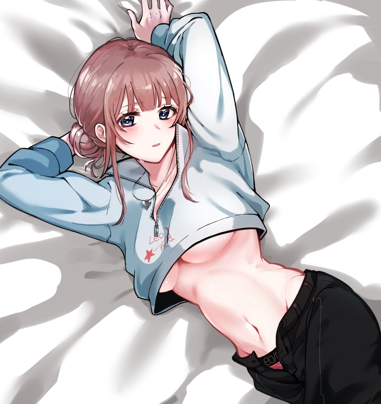 1girl black_pants blue_eyes blunt_bangs breasts brown_hair collarbone commentary cropped_jacket english_text hair_bun heart heart_necklace highres jacket jewelry looking_at_viewer lying mochizuki_honami navel necklace on_back open_pants panties pants pink_panties project_sekai sidelocks solo stomach sweatdrop tohan_(nacht0210) underboob underwear white_jacket