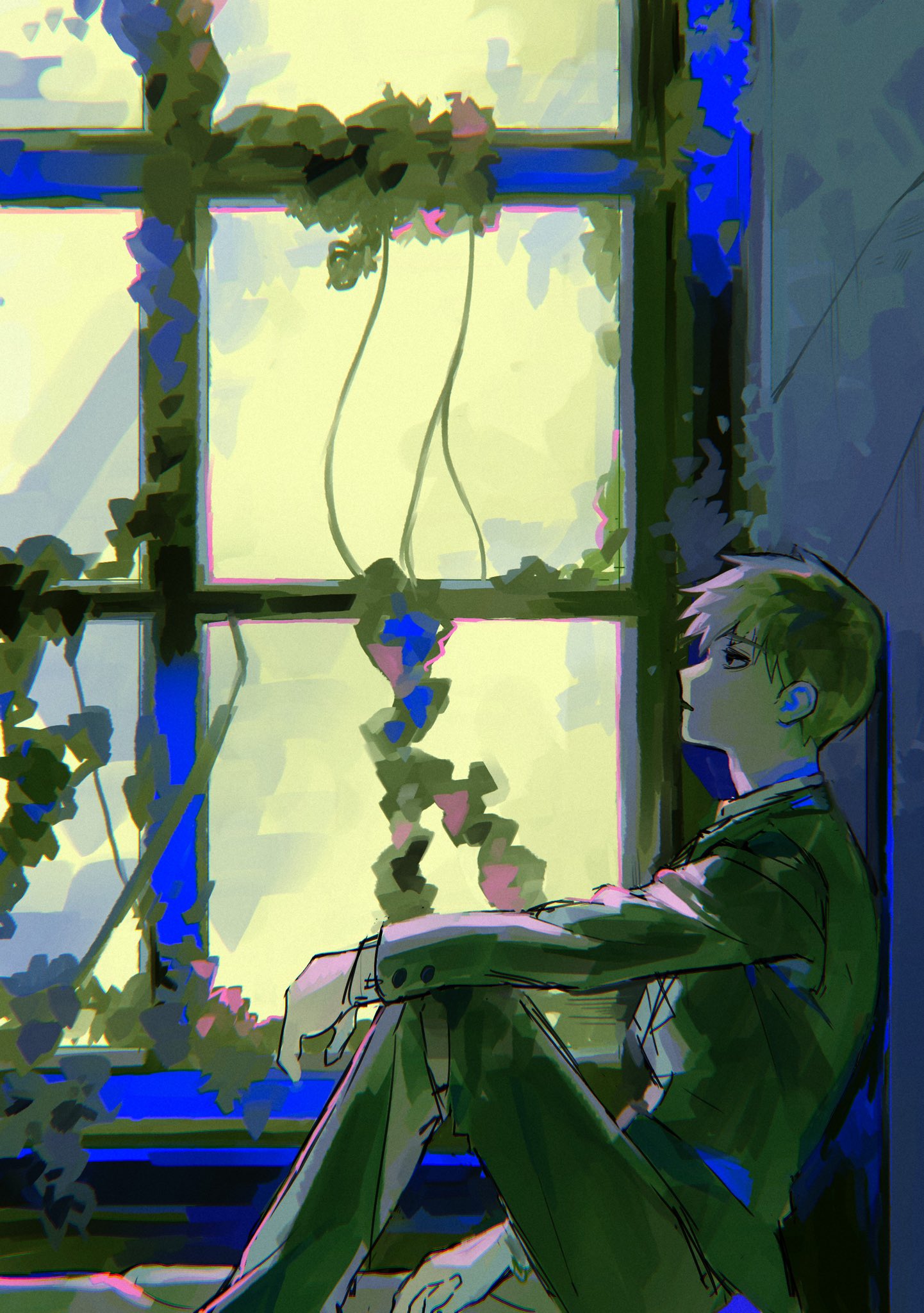 1boy arm_on_knee color_contrast feet_out_of_frame from_side highres indoors ivy knees_up long_sleeves looking_ahead mob_psycho_100 mong_120 reigen_arataka short_hair sitting solo suit window windowsill