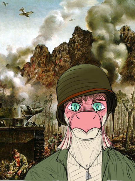 2024 anthro brown_hair clothing damien_payne digital_drawing_(artwork) digital_media_(artwork) dilophosaurid dilophosaurus dinosaur dog_tags frill_(anatomy) front_view hair i_wani_hug_that_gator looking_at_viewer male meme military military_helmet military_uniform multicolored_body multicolored_scales outside red_body red_scales reptile scales scalie short_hair smile tan_body tan_scales teal_eyes theropod thousand_yard_stare two_tone_body two_tone_scales uniform unknown_artist