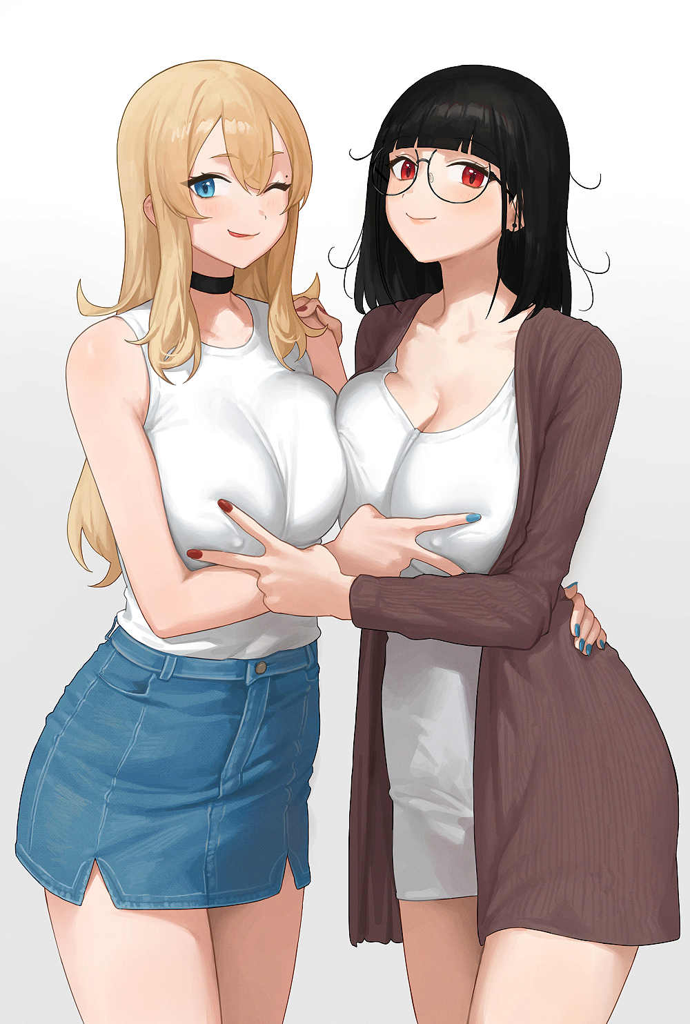 2girls bare_shoulders black-framed_eyewear black_choker black_hair blonde_hair blue_eyes blue_nails blue_skirt blunt_bangs breasts brown_jacket character_request choker claire_lamund_(nhaliz) cleavage closed_mouth commentary_request cowboy_shot denim denim_skirt double-parted_bangs double_v dress glasses hair_between_eyes hands_on_another's_chest highres jacket large_breasts long_hair long_sleeves looking_at_viewer multiple_girls nail_polish nhaliz one_eye_closed open_clothes open_jacket open_mouth original red_eyes red_nails round_eyewear shirt simple_background skirt sleeveless sleeveless_shirt smile v white_background white_dress white_shirt