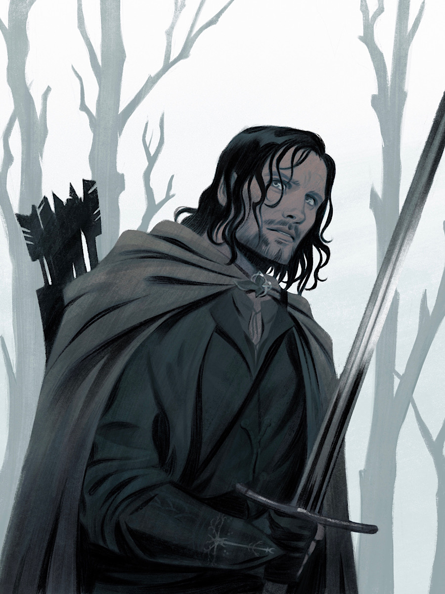 1boy aragorn arrow_(projectile) bare_tree beard black_gloves black_hair brown_cape cape facial_hair fingerless_gloves gloves grey_background highres holding holding_sword holding_weapon long_sleeves male_focus medium_hair quiver stephanie_(stephpeppery) sword the_lord_of_the_rings tolkien's_legendarium tree weapon