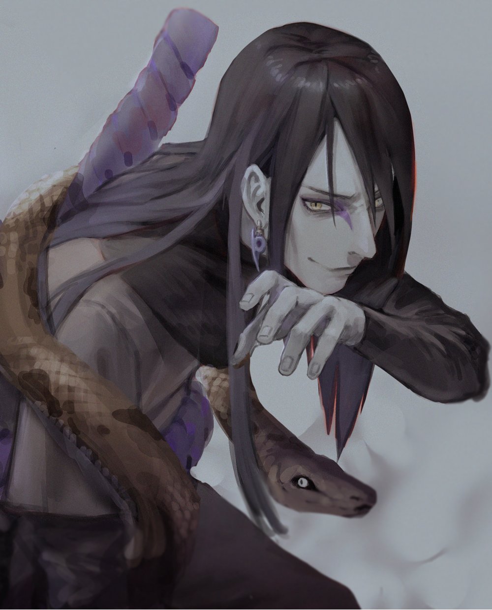 1boy animal animal_on_arm black_hair black_sclera closed_mouth colored_sclera earrings evina_ic eyeliner facial_mark from_side grey_background hair_over_one_eye hand_up highres jewelry layered_sleeves leaning_forward long_hair long_sleeves looking_at_viewer makeup male_focus naruto naruto_(series) orochimaru_(naruto) pale_skin short_over_long_sleeves short_sleeves sideways_glance simple_background smile smirk snake upper_body yellow_eyes