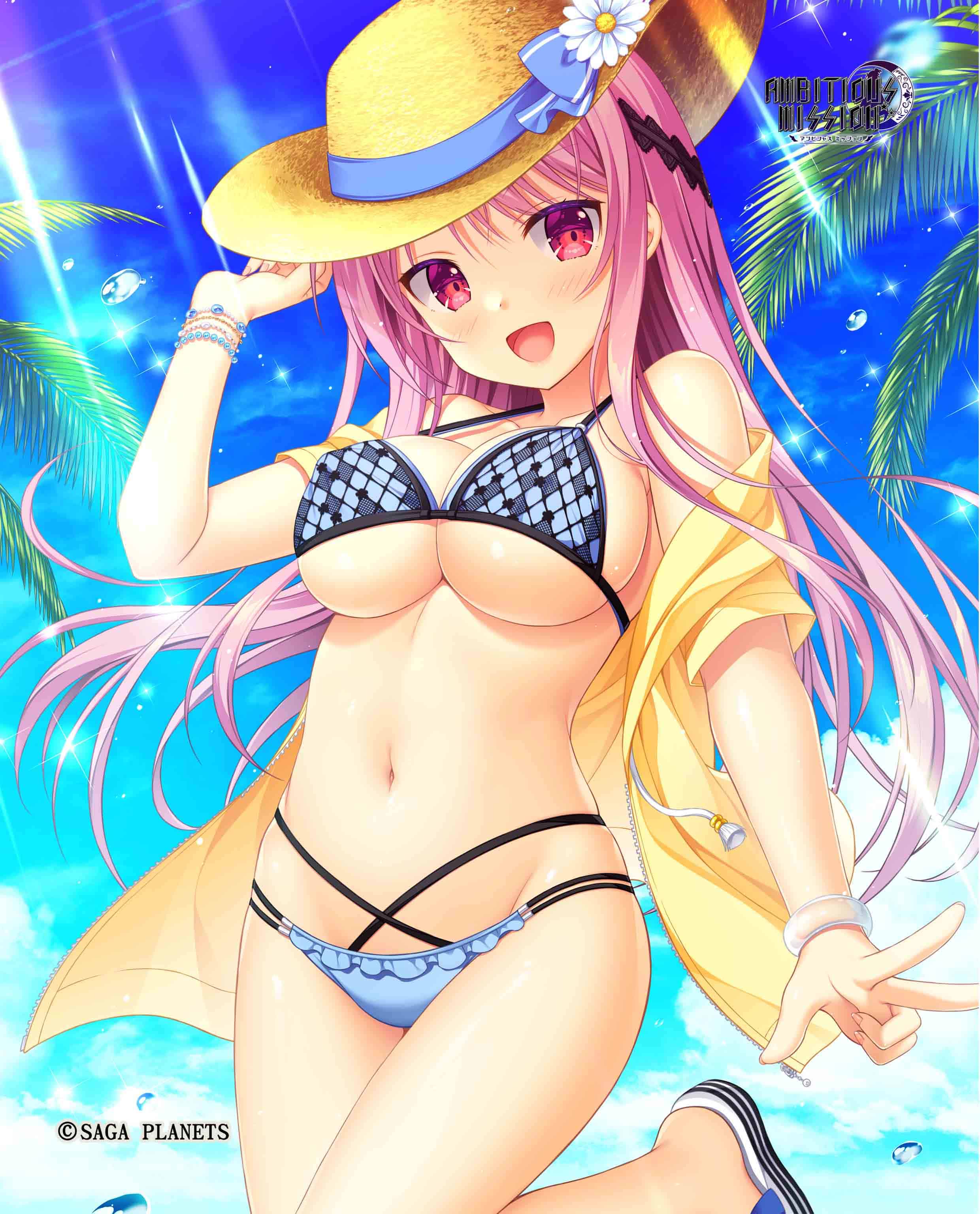 1girl :d absurdres ambitious_mission arise_kaguya bikini blue_bikini blue_sky bracelet breasts cleavage cloud copyright_notice covered_nipples day flower hair_ornament hat hat_flower highres jacket jewelry long_hair looking_at_viewer medium_breasts official_art open_clothes open_mouth open_shirt outdoors pink_hair red_eyes saga_planets sky smile solo standing straw_hat sun_hat swimsuit underboob very_long_hair yellow_jacket
