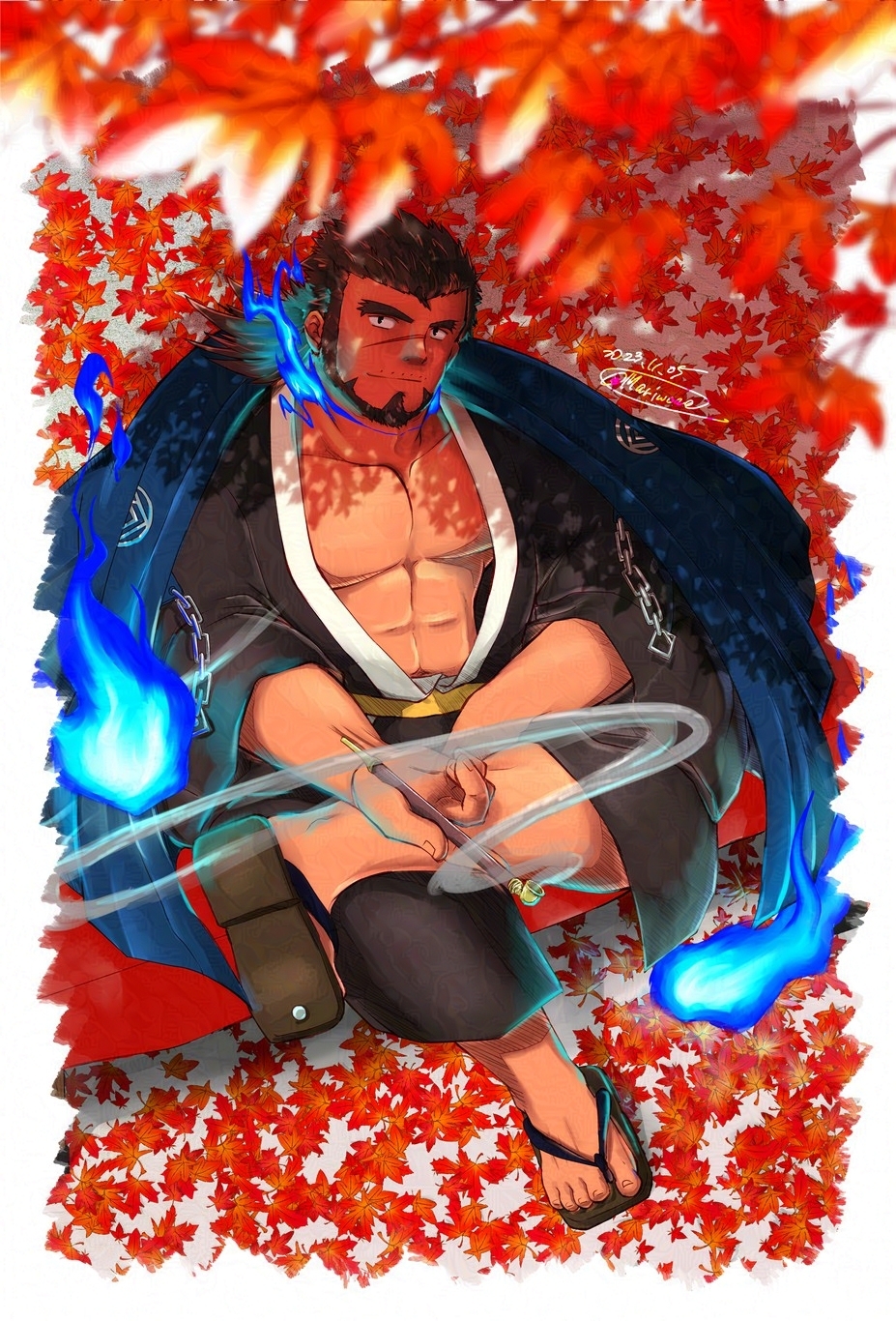 1boy abs autumn_leaves bara beard black_hair black_kimono blue_fire dark-skinned_male dark_skin facial_hair fire forked_eyebrows from_above full_beard full_body head_tilt highres hitodama holding holding_smoking_pipe japanese_clothes kimono large_pectorals looking_at_viewer male_focus mario_(mariwoaa) mature_male muscular muscular_male pectoral_cleavage pectorals sandayu_(housamo) scar scar_on_cheek scar_on_face short_hair sitting slippers smoking_pipe thick_beard tokyo_afterschool_summoners zouri