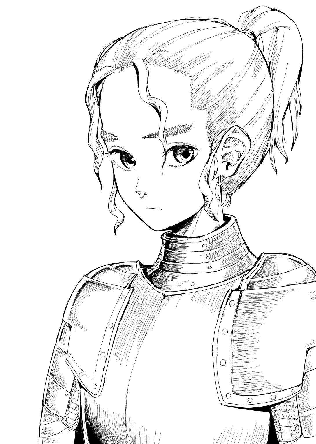 1girl armor breastplate closed_mouth forehead greyscale high_ponytail highres knight looking_at_viewer monochrome mrsusan_desu original pauldrons plate_armor short_hair shoulder_armor solo upper_body