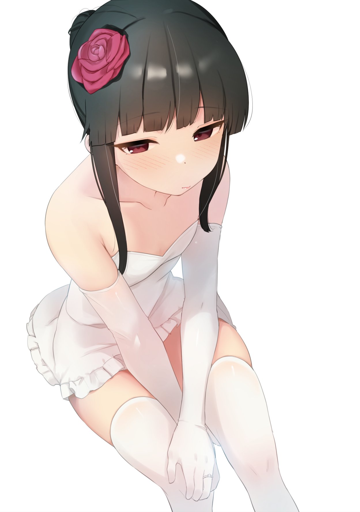 1girl bare_shoulders between_legs black_hair blunt_bangs blush breasts cleavage closed_mouth collarbone commentary dated_commentary dress elbow_gloves feet_out_of_frame flower frilled_dress frills from_above gloves hair_bun hair_flower hair_ornament hand_between_legs hand_on_own_knee hatsuyuki_(kancolle) highres jewelry kantai_collection long_hair looking_at_viewer red_eyes red_flower red_rose ring rose sakieko sidelocks simple_background sitting sleeveless sleeveless_dress small_breasts solo strapless strapless_dress thighhighs white_background white_dress white_gloves white_thighhighs zettai_ryouiki