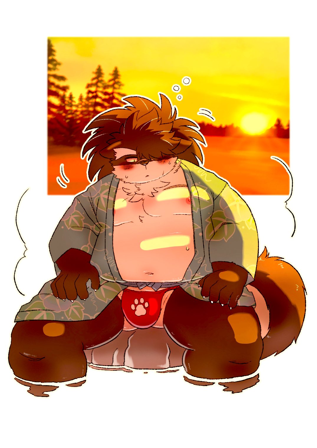 anthro bathing belly blush bulge canid canine canis clothed clothing domestic_dog front_view hair hi_res hot_spring kusarikakemono lifewonders male mammal musclegut navel nipples overweight overweight_anthro overweight_male partially_clothed pecs ponytail portrait red_clothing red_underwear shino_(housamo) solo sunset three-quarter_portrait tokyo_afterschool_summoners underwear water