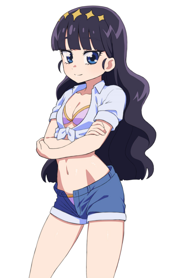 1girl bikini bikini_under_clothes black_hair blue_eyes blunt_bangs breasts crop_top crossed_arms delicious_party_precure denim denim_shorts himokawa_udon kasai_amane long_hair looking_at_viewer navel open_clothes open_shirt pink_bikini precure shirt short_shorts shorts simple_background small_breasts smile solo swimsuit tiara tied_shirt unbuttoned white_background