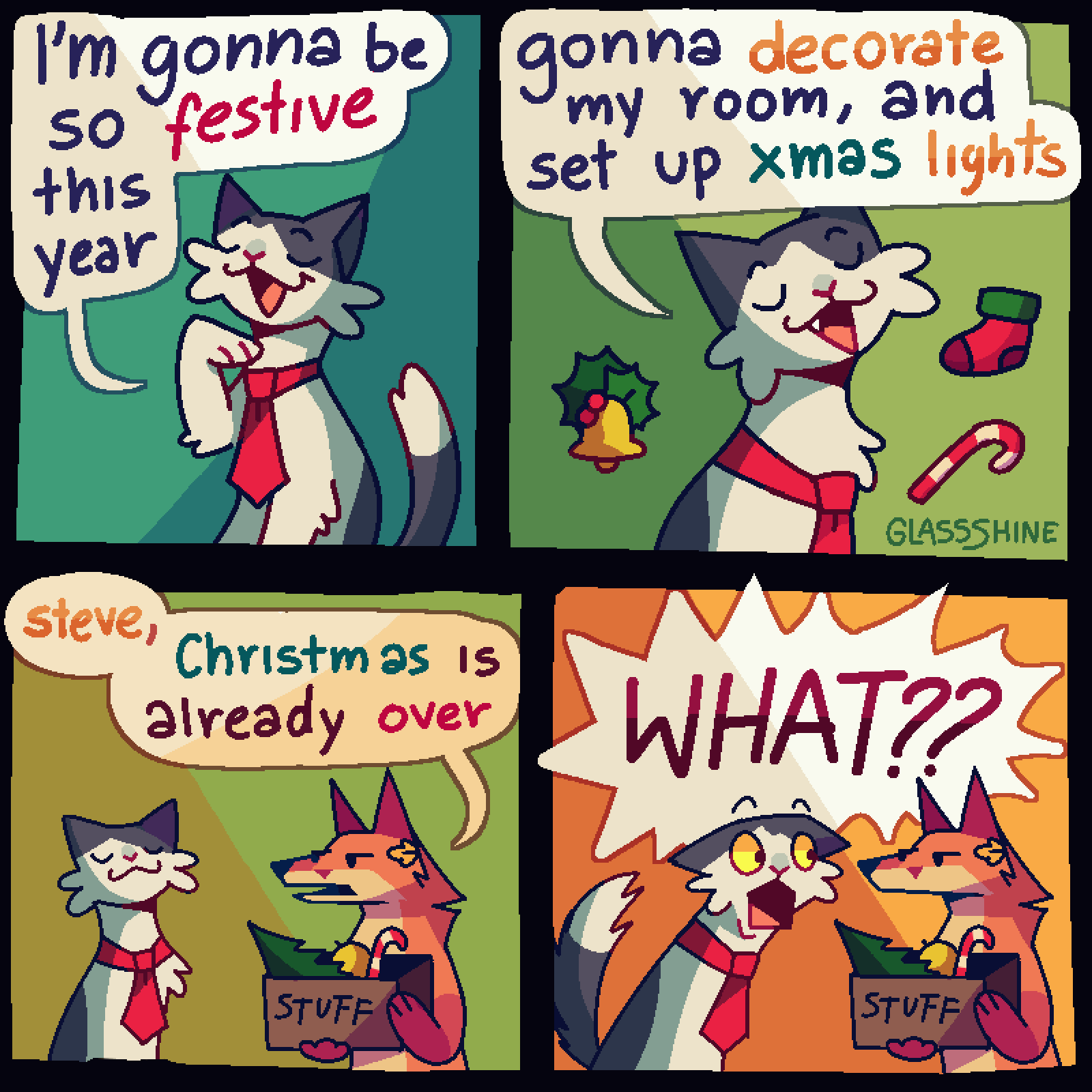 1:1 anthro bell candy candy_cane canid canine christmas clothing comic dessert dialogue dipstick_tail domestic_cat duo english_text eyebrows felid feline felis food footwear fox glassshine hi_res holidays male mammal markings multiple_scenes necktie open_mouth open_smile smile socks solo speech_bubble steve_(glassshine) tail tail_markings text