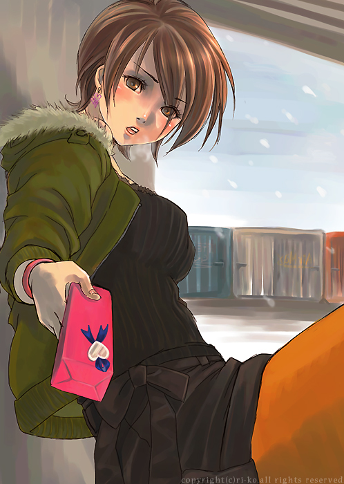 bad_id bad_pixiv_id blush brown_eyes brown_hair earrings gift holding holding_gift jewelry original pantyhose ri-ko short_hair solo valentine yellow_legwear