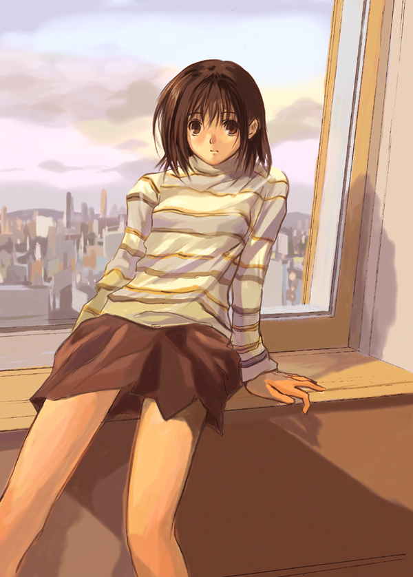 city cityscape copyright_request looking_at_viewer shihira_tatsuya sitting_in_window skirt solo sweater window