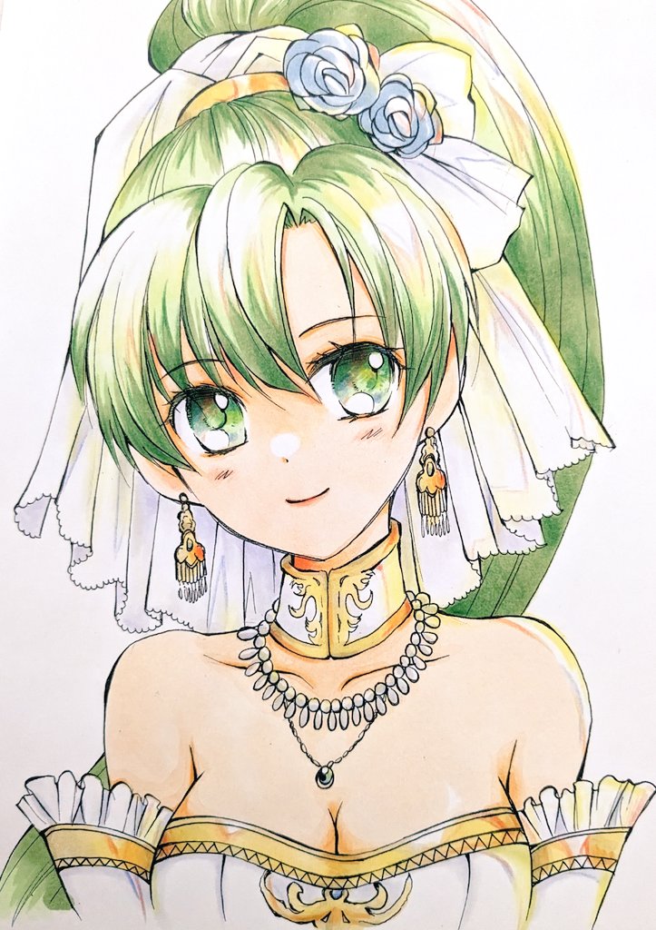1girl breasts bride bride_(fire_emblem) chika_1 cleavage dress earrings fire_emblem fire_emblem:_the_blazing_blade fire_emblem_heroes flower green_hair high_ponytail jewelry large_breasts lyn_(bridal)_(fire_emblem) lyn_(fire_emblem) official_alternate_costume rose strapless strapless_dress wedding_dress white_dress white_flower white_rose