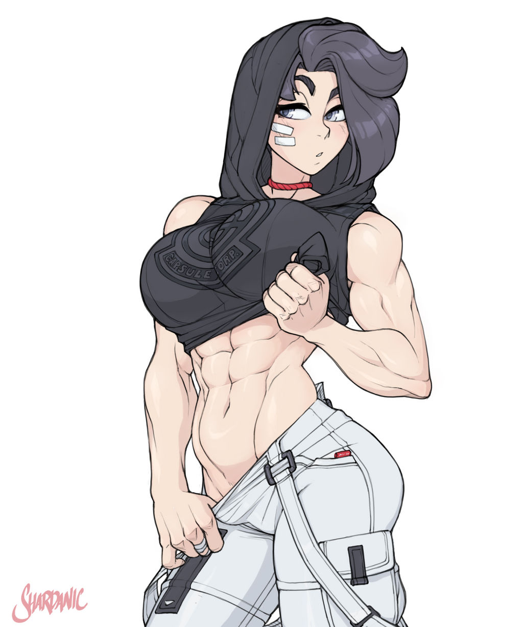 1girl abs alex_moon_(shardanic) black_hair blush boxer-chan breasts cargo_pants clothes_lift flexing grey_eyes highres hood hoodie large_breasts looking_to_the_side midriff muscular muscular_female pants shardanic shirt_lift signature solo white_pants