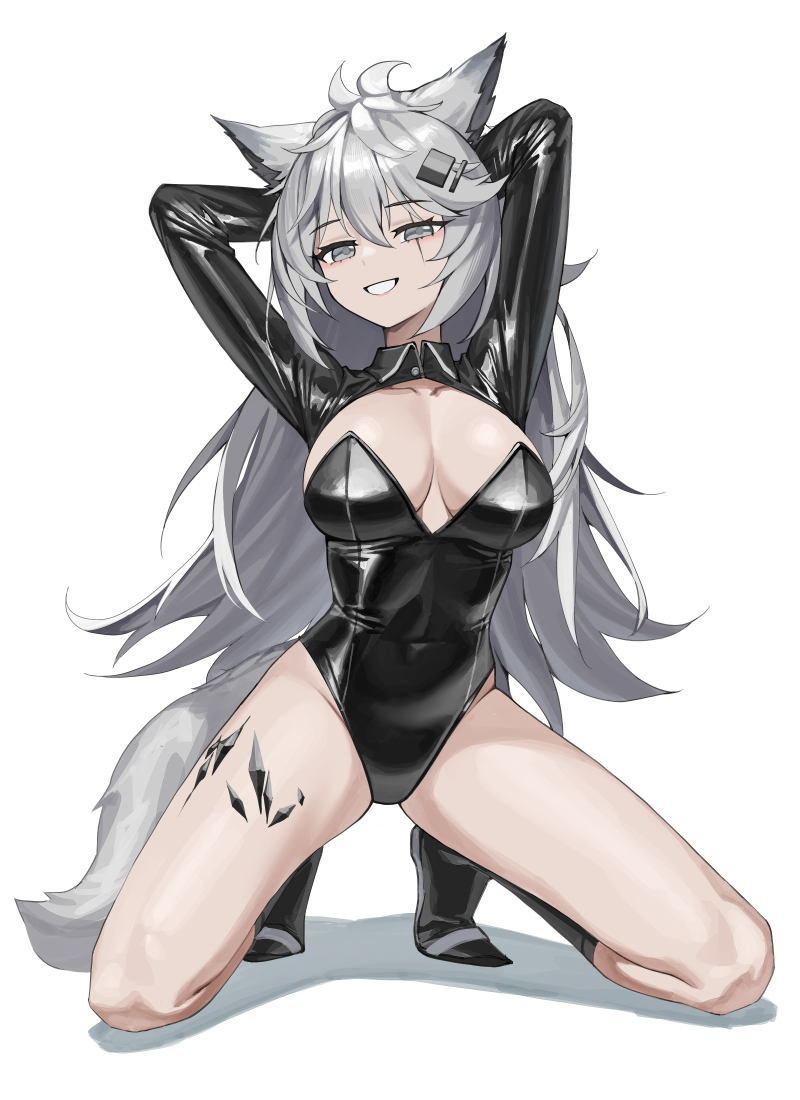 1girl alternate_costume animal_ear_fluff animal_ears arknights arms_behind_head arms_up bare_hips black_footwear black_leotard boots breasts breasts_apart buttons collarbone commentary covered_navel drop_shadow eyelashes full_body grey_eyes grey_hair grey_tail grin groin hair_between_eyes hair_ornament hairclip hatching_(texture) highleg highleg_leotard invisible_floor kneeling knees lappland_(arknights) leotard linear_hatching lips long_hair long_sleeves looking_at_viewer medium_breasts messy_hair oripathy_lesion_(arknights) paid_reward_available pale_skin parted_lips scar scar_across_eye scar_on_face shadow shiny_clothes shrug_(clothing) siguya simple_background skin_tight smile solo spread_legs tail teeth thighs tiptoes very_long_hair white_background wing_collar wolf_ears wolf_girl wolf_tail
