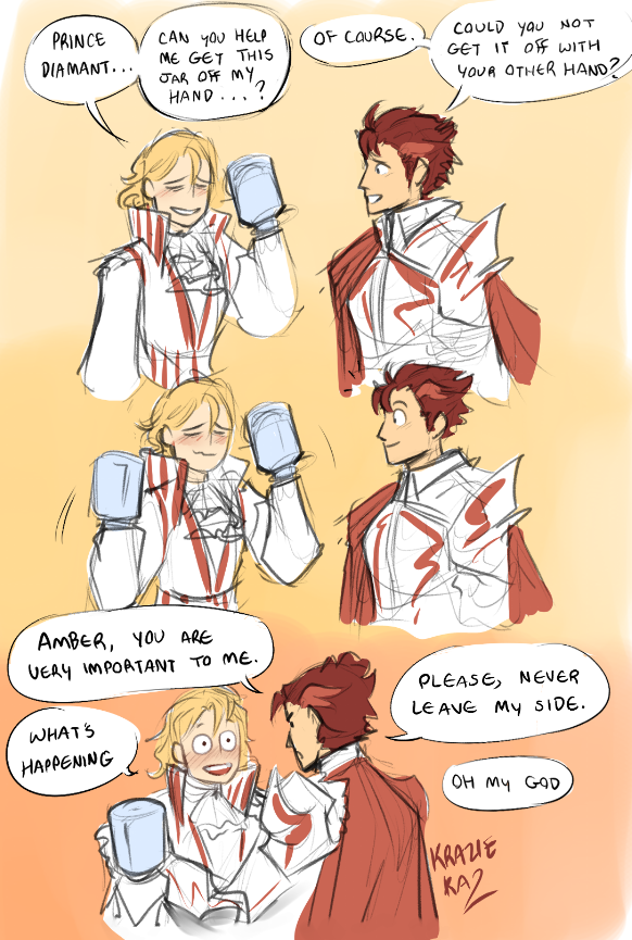 2boys amber_(fire_emblem) blush couple diamant_(fire_emblem) fire_emblem fire_emblem_engage hands_on_another's_shoulders jar kraziekazoo multiple_boys speech_bubble