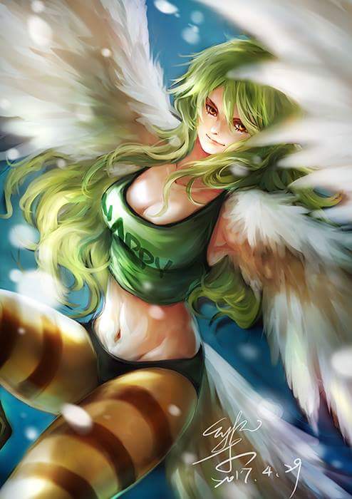 bird_tail breasts brown_eyes clothes_writing dated eykihan feet_out_of_frame green_hair green_tank_top groin harpy large_breasts long_hair looking_at_viewer midriff monet_(one_piece) monster_girl navel one_piece pantyhose signature smile snow striped_clothes striped_pantyhose tail tank_top winged_arms wings