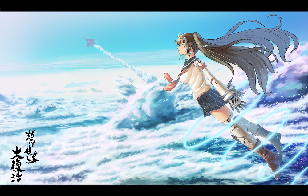 a.i_(dodonpachi) aircraft airplane android blue_sailor_collar brown_hair cloud condensation_trail copyright_name day dodonpachi dodonpachi_daifukkatsu heinz527 letterboxed long_hair pleated_skirt sailor_collar school_uniform skirt sky solo twintails