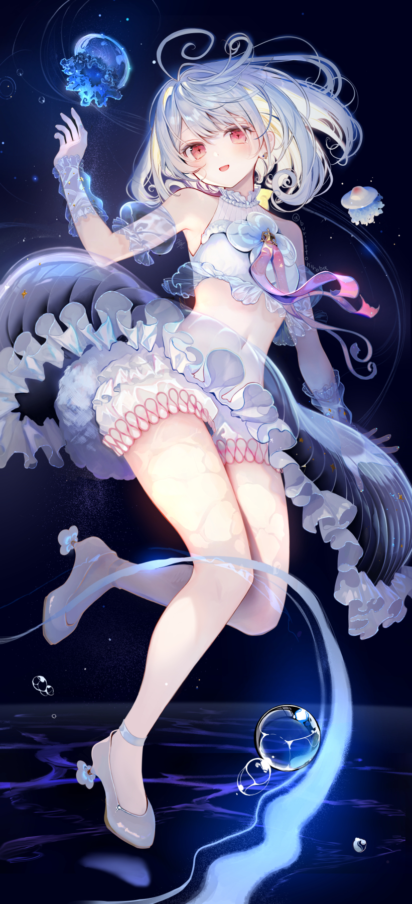 1girl arm_garter arm_up arm_warmers bloomers blush breasts bubble commentary_request fantasy frills full_body grey_footwear hair_spread_out highres jellyfish kouyafu leg_up looking_at_viewer medium_hair navel original parted_lips red_eyes see-through see-through_skirt skirt small_breasts solo white_hair
